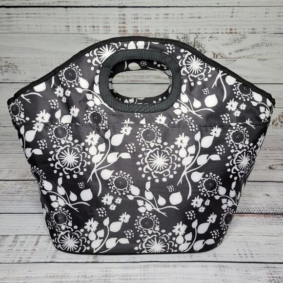 Thirty-One Party Floral Large Insulated Cooler Tote Black and White EUC - Picture 2 of 9